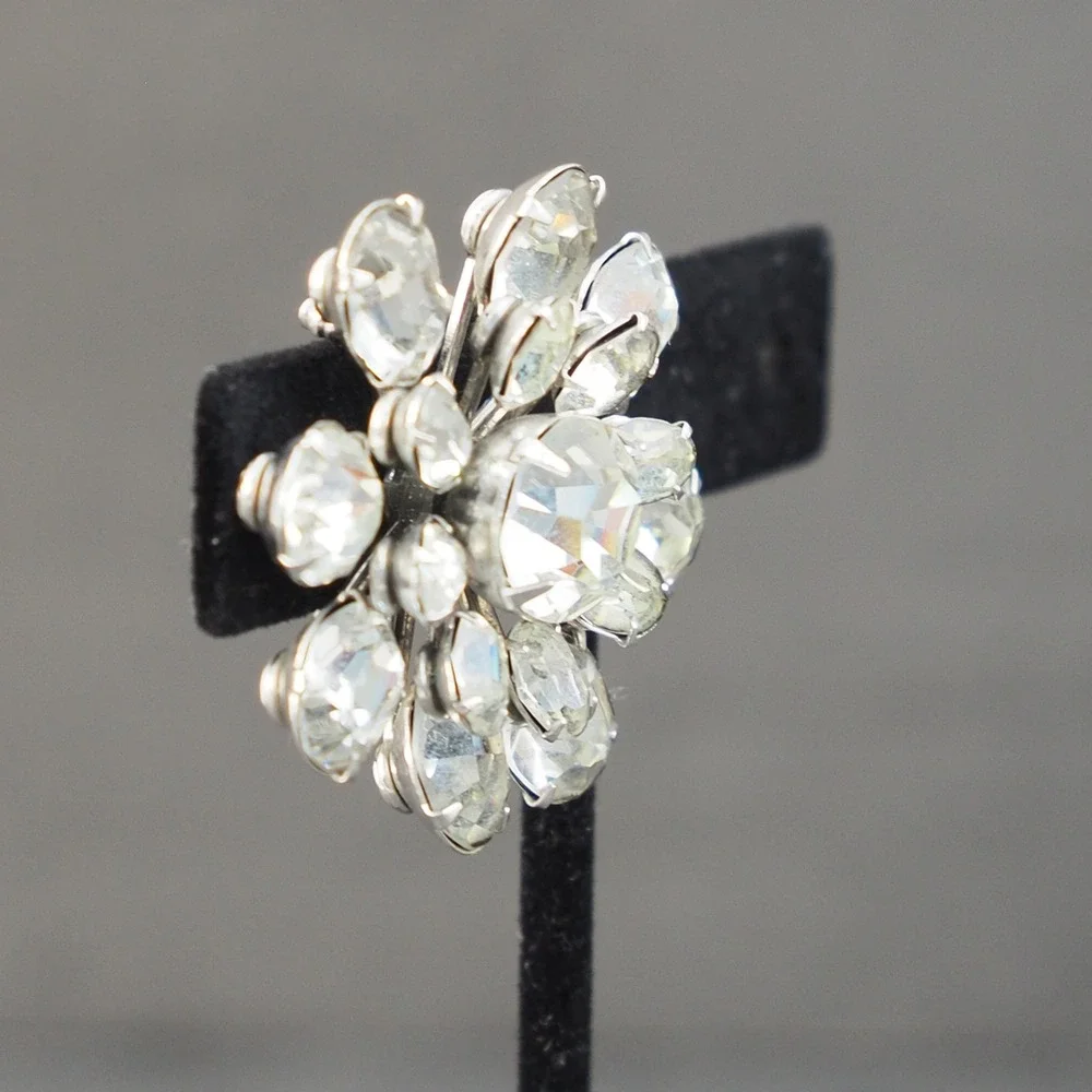 Coro Brooch Pin Flower Silver Tone Clear Rhinestone Prong Set Vintage Estate